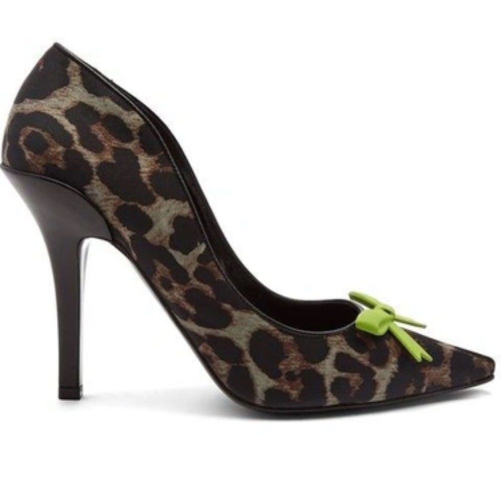 Fabrizio Viti Summer Fever Leopard Print Satin Pumps with Green Bow